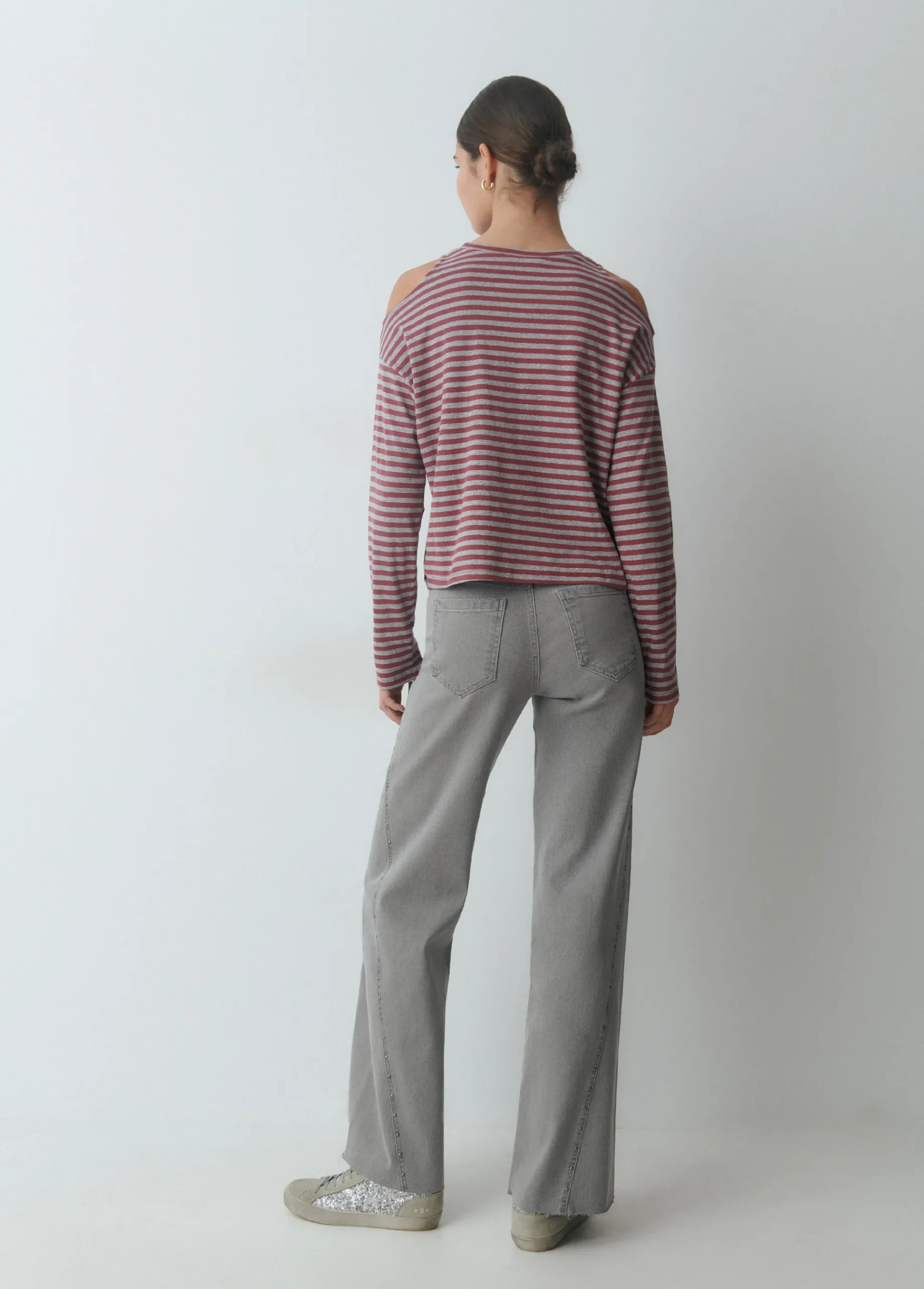 Brownie Camisetas Y Tops*Camiseta raya lurex cut-out hombro Granateoscuro