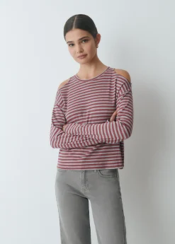 Brownie Camisetas Y Tops*Camiseta raya lurex cut-out hombro Granateoscuro