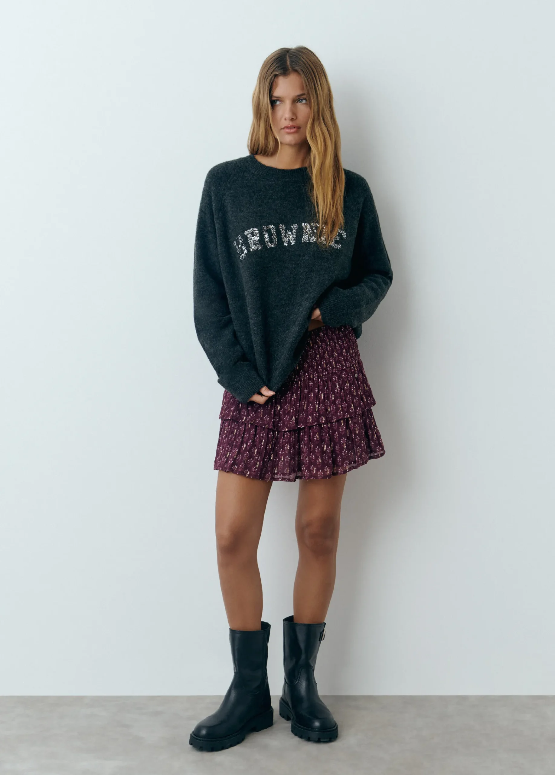 Brownie Faldas|Total Look*Falda estampada volantes sello indio Berenjena