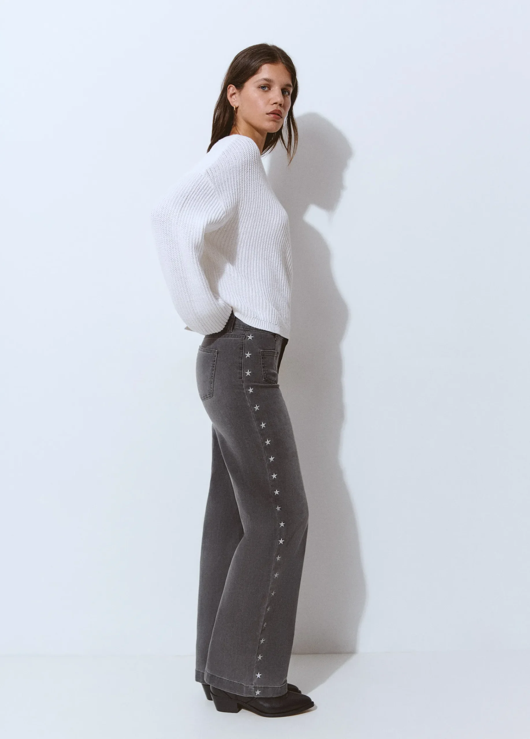 Brownie Pantalones|Jeans*Pantalón culotte bordado estrellas Gris