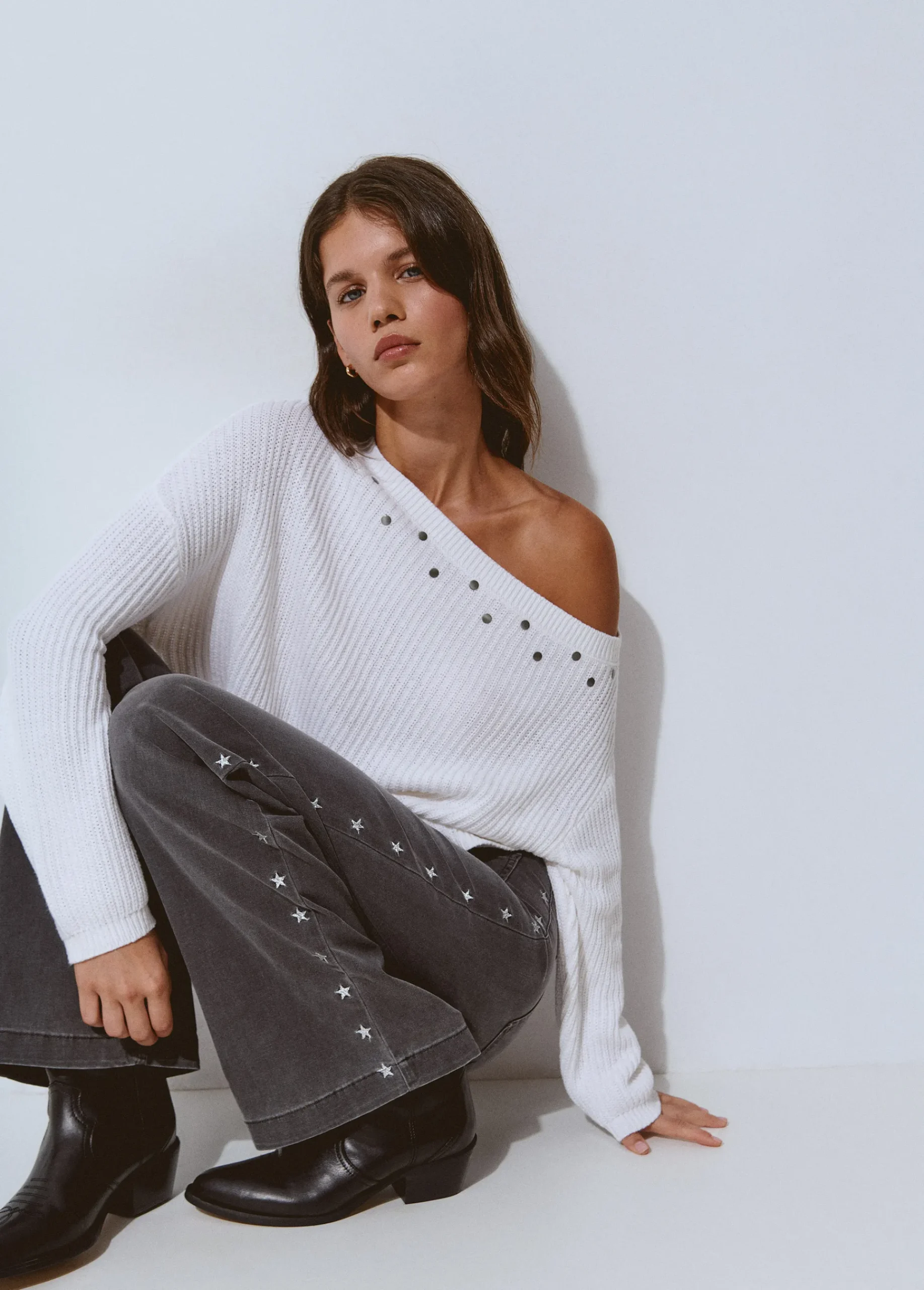 Brownie Pantalones|Jeans*Pantalón culotte bordado estrellas Gris
