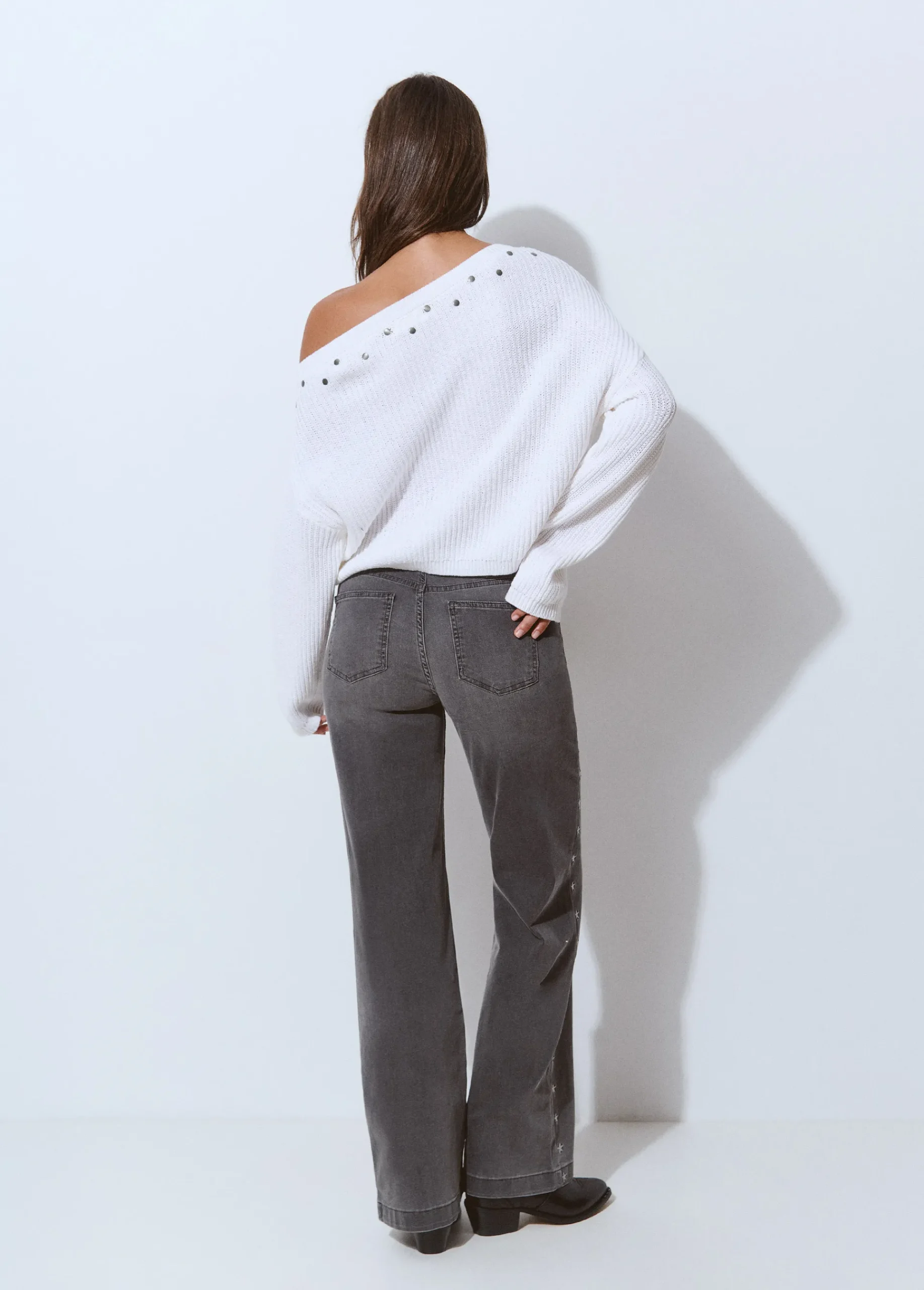 Brownie Pantalones|Jeans*Pantalón culotte bordado estrellas Gris